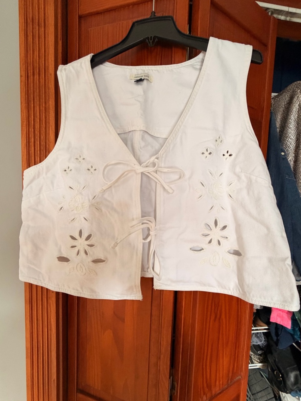 American Eagle Outfitters White Denim Eyelet Tie-Front Tank Top